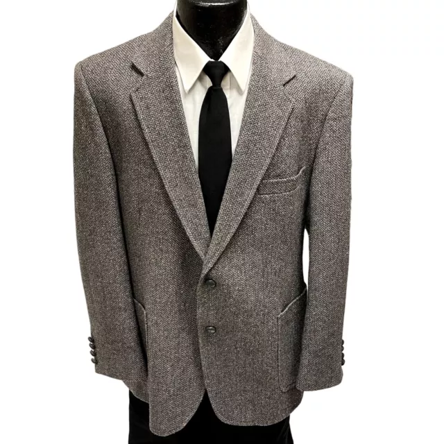 Vtg HIS Men's Gray Sport Coat HERRINGBONE Jacket DONEGAL TWEED Wool Blazer 42 R