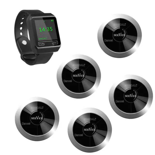 SINGCALL Wireless Restaurant Calling Waiter System 1 Watch, 5 Pagers for Hotel