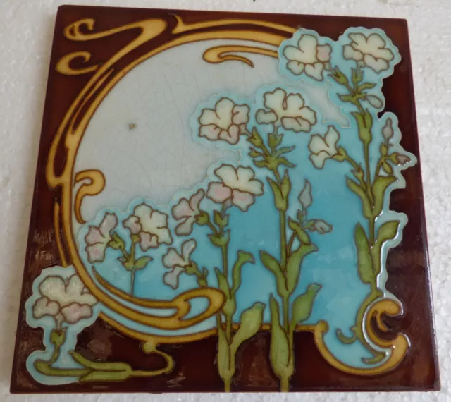 ° White & pink Flowers Art Nouveau Tile Jugendstil Choisy-le-Roi Gilardoni fils