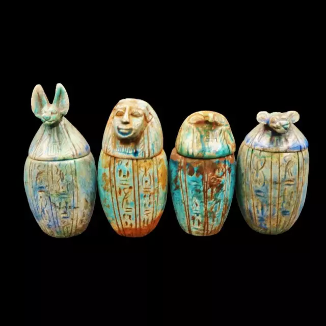 Fine Antique Egyptian Faience Set 4 Canopic Jars (Organs Storage Statues)__LARGE