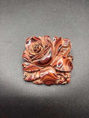 Carved Bakelite Rose Flower Brooch Layered Brown Tone Square Shaped Pin