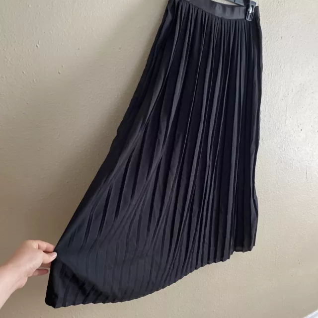 Women Pleated Midi Skirt Chiffon Black Sz 12 Aline Elastic Waist Large Lightweig