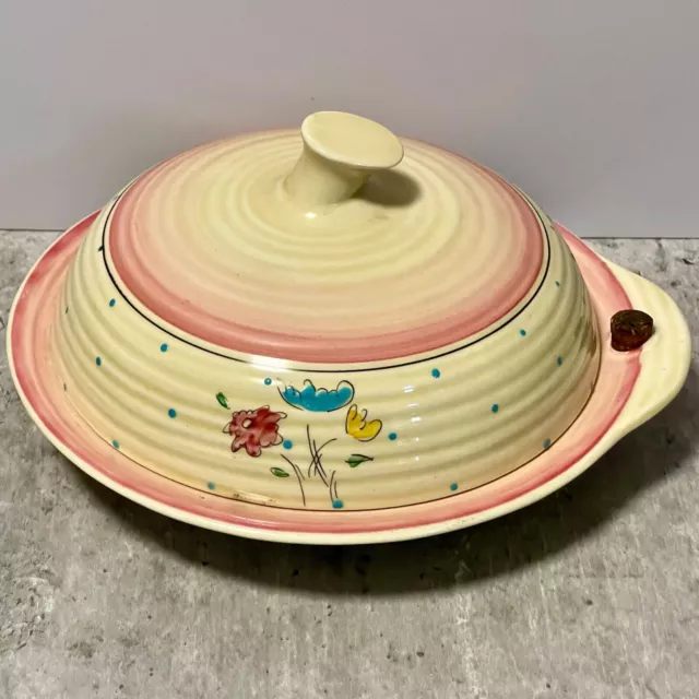 Clarice Cliff Serving Dish w Cork & Lid - Pink Bonjour Newport Pottery 1936 RARE