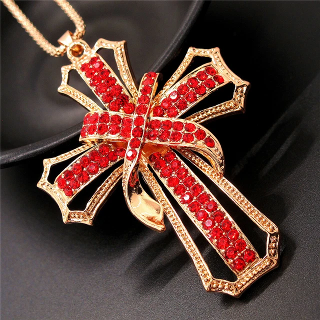 Fashion Women Red Rhinestone Cross Bling Crystal Pendant Chain Necklace