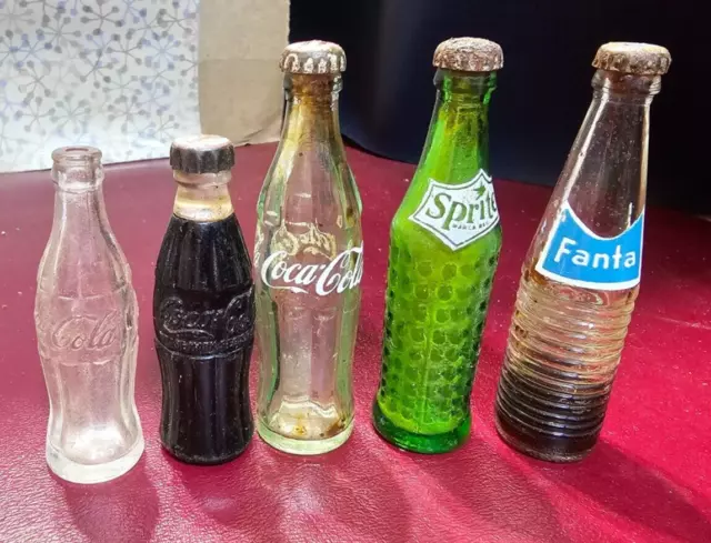 Lot of 5  Miniature 3" Soda Pop Glass Mini Bottles Coke, Sprite, FANTA COCA COLA