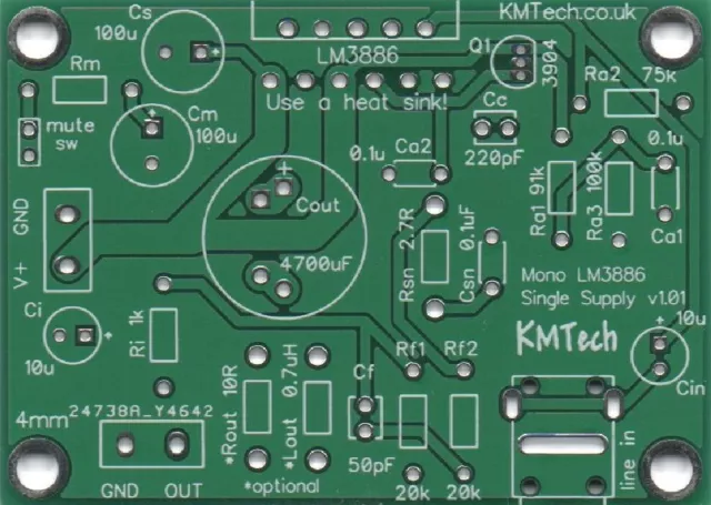 KMTech Quality LM3886 based mono amplifier SINGLE SUPPLY PCB DIY UK seller.