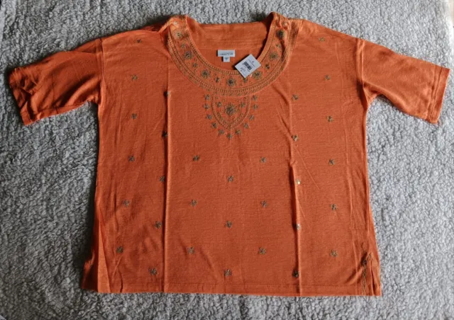 NEW J Jill Love Linen Orange Gold Embroidered Knit Top Small S/S NWT 2