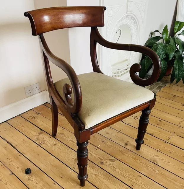 Antique Scrolled Regency Elbow Chair Mahogany Vtg Solid Wood Armchair Carver