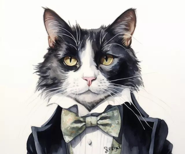 Watercolor Tuxedo Cat Painting Art Print 8x11 inch