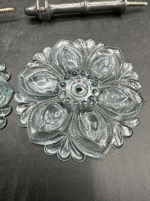 Set 2 Antique Victorian Aqua Glass Curtain Tie Backs 4 1/2" with Hardware 3