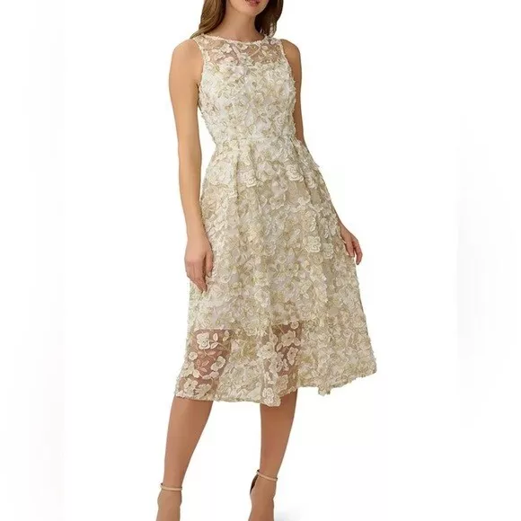 ADRIANNA PAPELL Sz 0 Ivory/gold Floral Embroidered Crew Neck Fit and Flare Dress