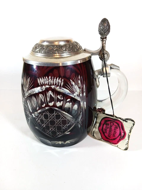 Vintage Rastal Ruby red Cut to Clear Glass Engraved Tankard Stein w/tags Germany