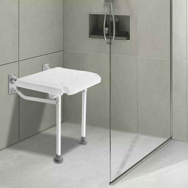 Folding Shower Seat Wall Mounted Shower Chair with Collapsible Legs in White