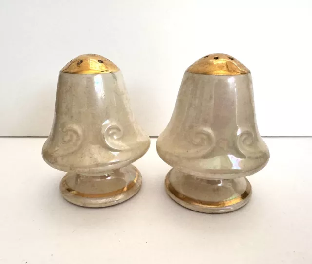 Vintage Salt And Pepper Shakers Pearlescent Lusterware Pearl China 22K Gold Leaf