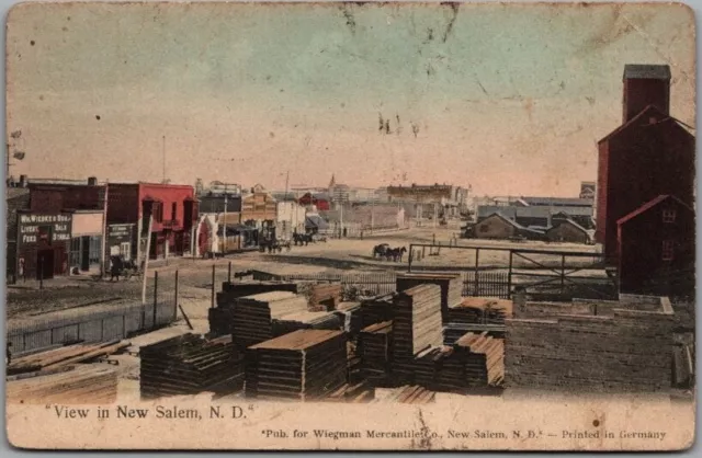 1911 NEW SALEM, North Dakota Postcard Main Street Downtown Scene / Hand-Colored