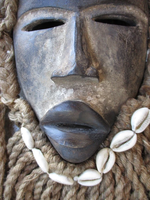 Vintage Tribal African Nicety Old Hand Carved Mask Hardness Wood Drawstring Hair 14