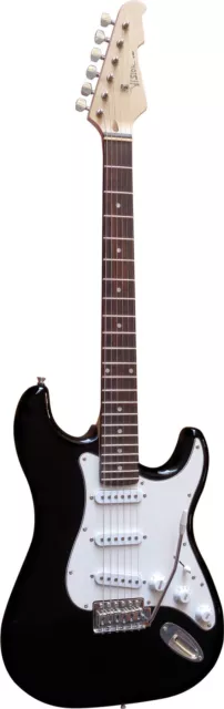 E-Gitarre klassisch schwarz, weiße Hardware, Tremolo, Kabel, Walnuss Griffbrett