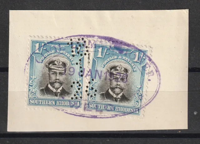 1924 Southern Rhodesia S.G.10 1/- Black & Light Blue Fine Used Revenues on Piece