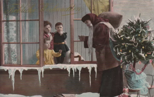 AK.-Fröhliche Weihnachten-Weihnachtsmann mit Geschenken und Tannenbaum-1908