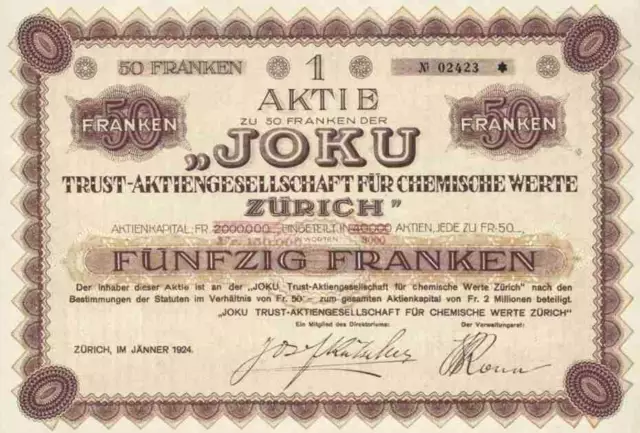 Joku Trust für Chemische Werte 1924 Zürich Schweiz 50 Franken Talon unentwertet