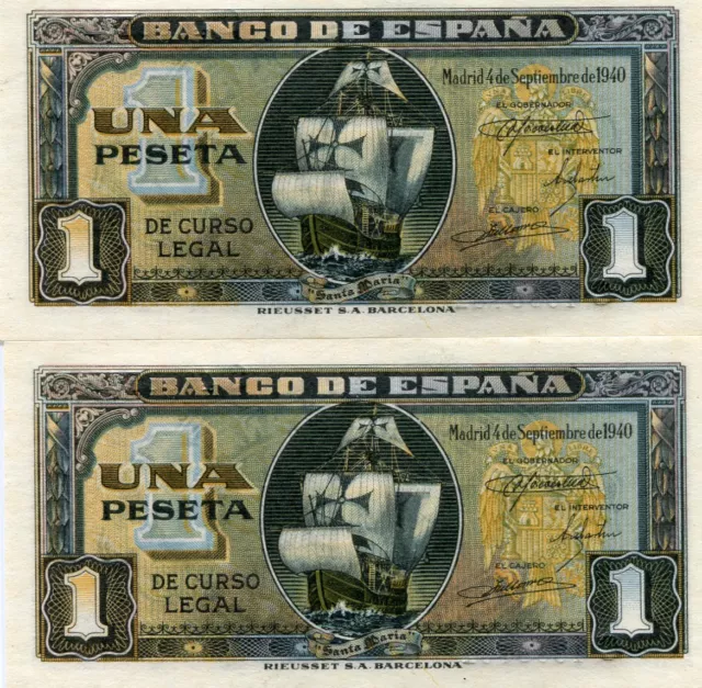 Pareja De Billetes De Una Peseta Madrid 4 De Septiembre 1940 ( Sc ) ( Mb14115 )