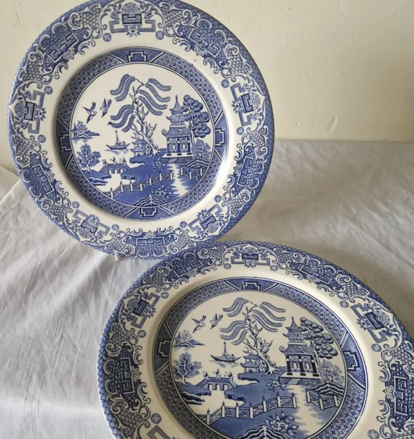2 x Vintage Willow Pattern Blue & White English Ironstone Dinner Plates