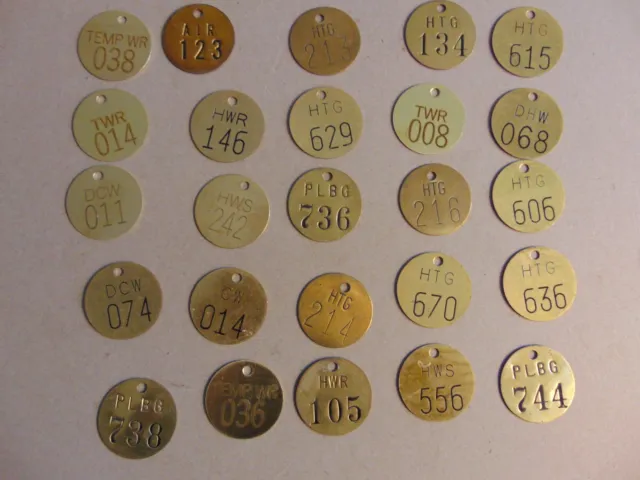 Lot of 25 Vintage 1.5" Round Brass Tags Misc Numbers Industrial Steampunk-K