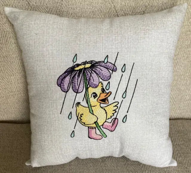 Duckling in the Rain Machine Embroidered Nursery Accent Pillow 8" X 8" Baby Gift