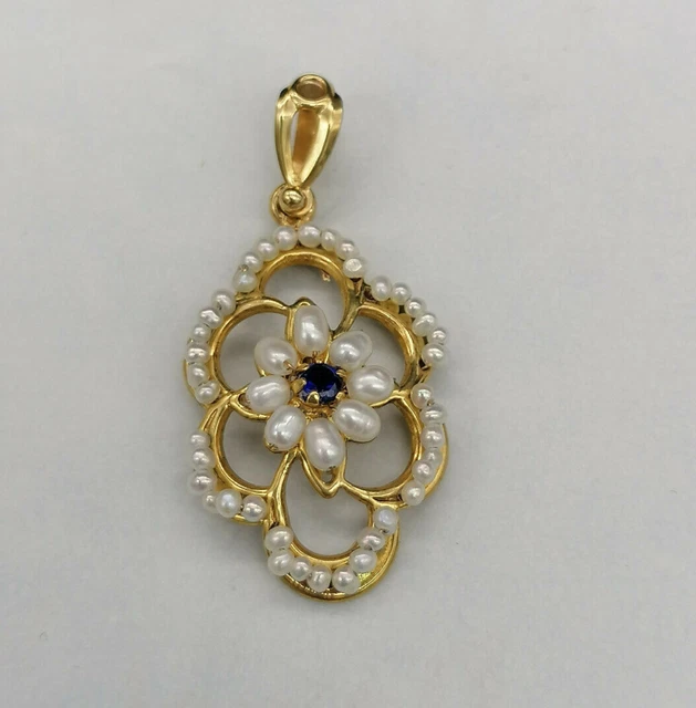 Pendentif Argent 925 Saphir Bleu Et Perles Blanches - Style Ancien, Pour Femme