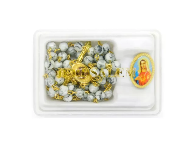 White Crystal Glass Beads Rosary With Virgin Mary Lapel Pin Holyland Jerusalem