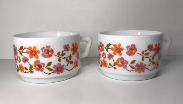 Lot 2 Tasses Vintage Arcopal France D 7,5 Cm Fleurs Orange Voir Photos