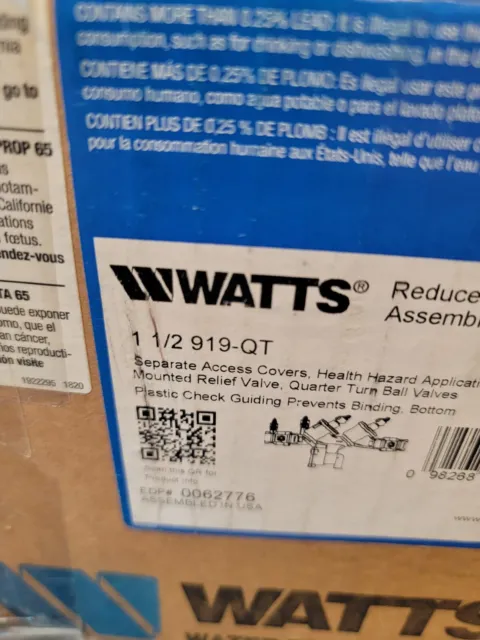 Watts 1 1/2" 919-QT Reduced Pressure Zone Backflow Preventer 0062776