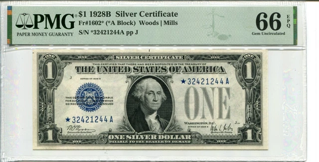 Fr 1602* Star 1928B $1 Silver Certificate Pmg 66 Epq Gem Uncirculated