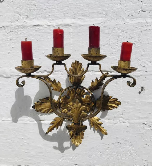 Antique Spanish Revival 4 Arm Wall Candle Candelabra Gilt Wrought Iron Gothic