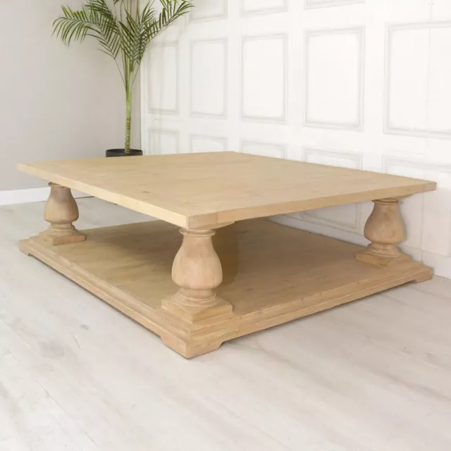 Extra Large Rustic Farmhouse Pine Wooden Square Coffee Table 1.4M Column Leg