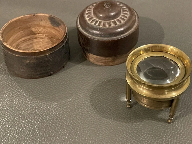 ANTIQUE BRASS MAP Chart Magnifier Magnifying Glass Loupe In wooden Box ...
