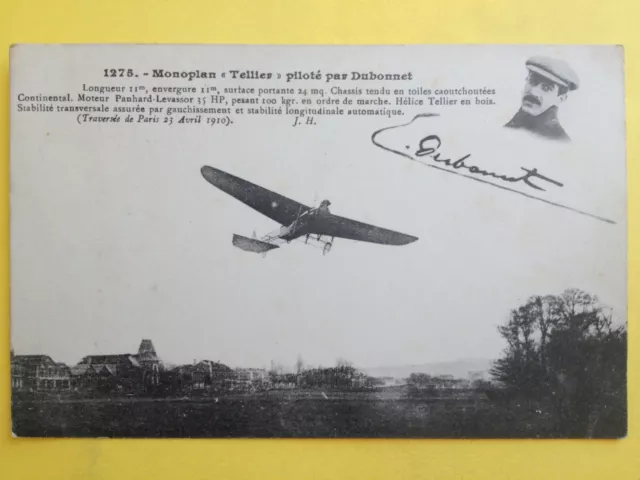 cpa Traversé de PARIS 1910 AVIATION AIRPLANE Emile DUBONNET sur MONOPLAN TELLIER