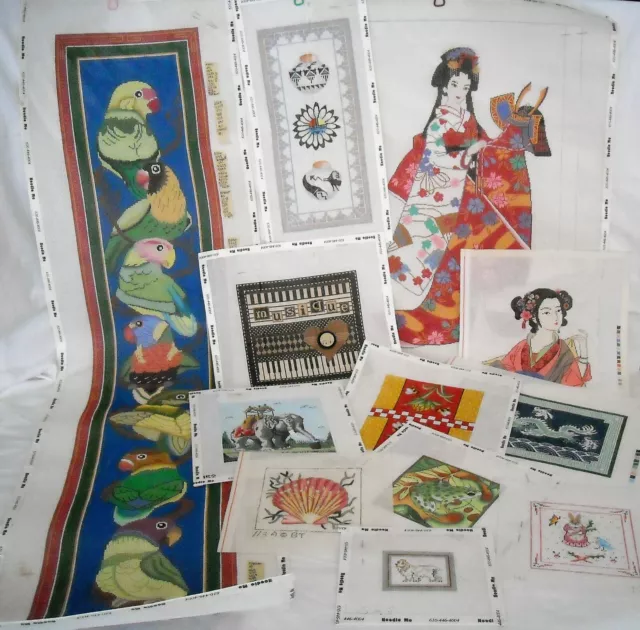 12 PAINTED NEEDLEPOINT CANVAS Asian Dragon Elephant Parrot Frog Dog Music Flower