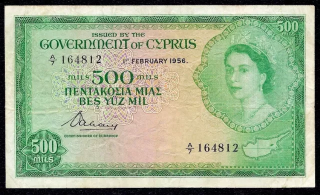 Cyprus 500 Mils  1956  P-34  Prefix  A\7  VF