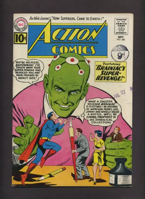 Action 280 (VG+) Superman Supergirl origin Retold! Brainiac 1961 DC Comics P347