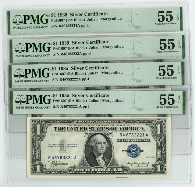 FR#1607 $1 1935 (4) Consec Silver Certs Rare R/A Block 55 EPQ PMG DC-6060