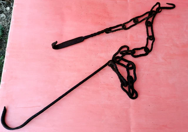 ANTIQUE OLD PRIMITIVE FORGED WROUGHT CHAIN FOR FIREPLACE HOOK HANGER 19th