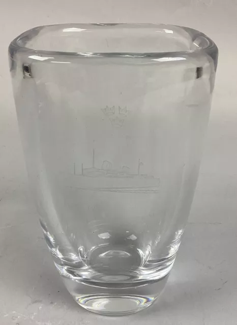 Vintage Orrefors Crystal Clear Flower Vase With Etched Sailing Ship - 7”