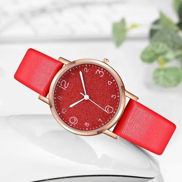 Luxury Women's Ladies Girl's Red Leather Thin Quartz Numbers Wristwatches Watch