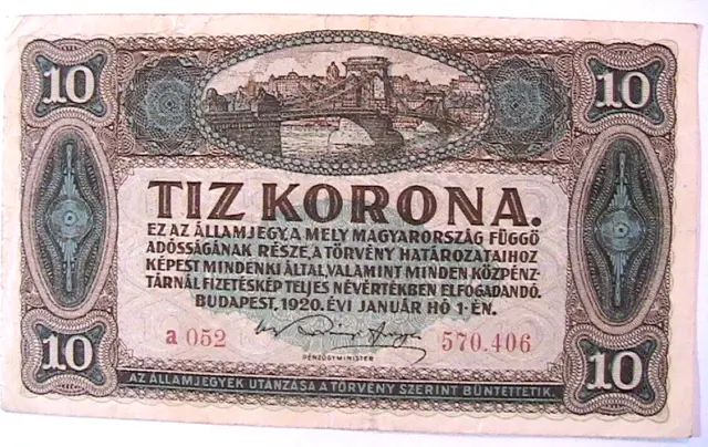 1920 Hungary 10 Korona Ch VF Hungarian Banknote Currency Paper Money p-60