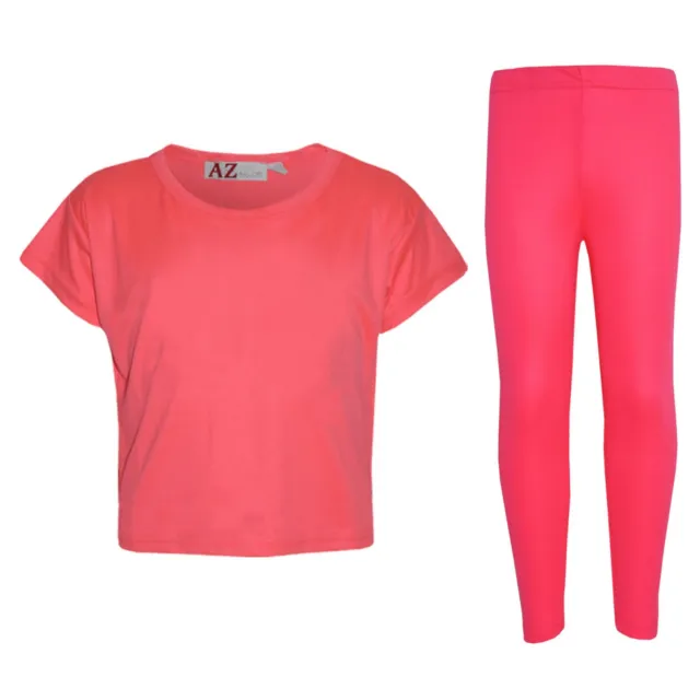 Kids Girls Top Plain Neon Pink Stylish Crop Top & Fashion Legging Set 5-13 Years