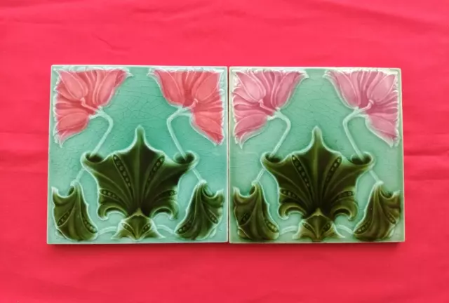 2 Piece Old Art Floral Design Embossed Majolica ceramic Tiles England 0227