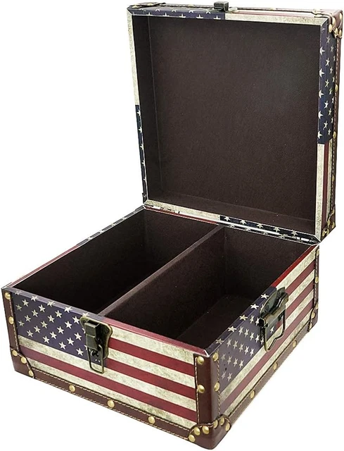 Large Vintage Decorative Storage Trunk - Wooden American Flag Treasure Chest Box