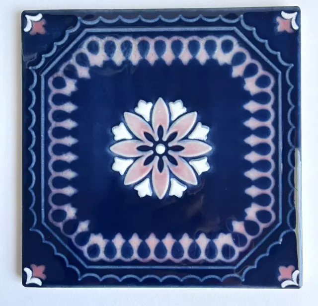 Art Nouveau Blue & Pink Ceramic Floral Design Decorative Tile Japan