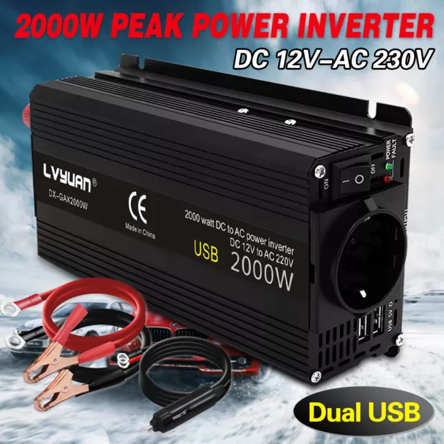 Lvyuan Spannungsumwandler 12V 230V 1000W / 2000W Wechselrichter Auto 220V  2x USB